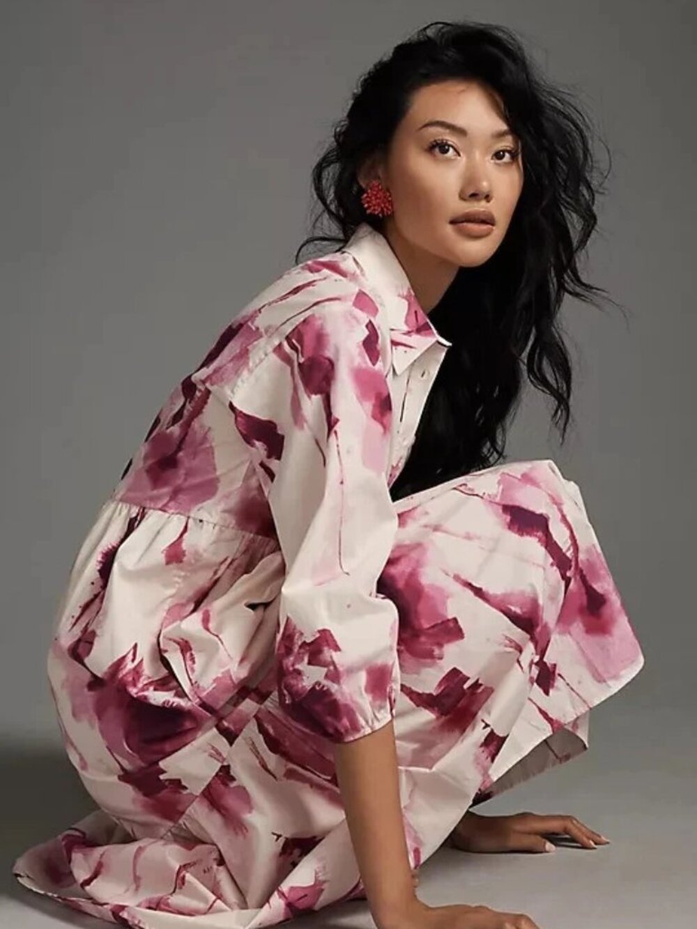 Maeve watercolor pink white Bettina tiered midaxi dress